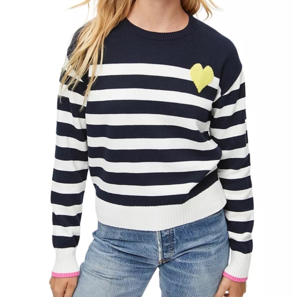 Michael Stars Cotton Striped Heart Graphic Sweater Blue/White Size Small